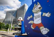 Mascotte de la Coupe du monde de football, organisée en Russie, dans une rue de Moscou, le 6 juin 2016