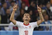 La joie de Granit Xhaka après avoir signé l'égalisation de la Suisse face à la Serbie dans le groupe E du Mondial à Kaliningrad, le 22 juin 2018