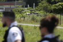 L'hélicoptère Alouette II abandonné à Gonesse, dans le Val d'Oise, après l'évasion par les airs de Redoine Faïd, le 1er juillet 2018 de la prison de Réau, en Seine-et-Marne