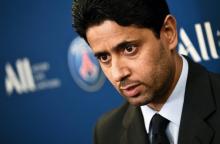 Le président du PSG Nasser Al-Khelaïfi en conférence de presse au Parc des Princes, le 22 février 2019