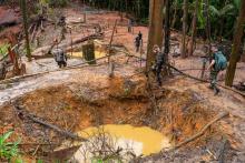 Des gendarmes et des membres de l'organisation de défense de l'environnement WWF arrivent sur un site d'orpaillage illégal, près du village de Cacao, à 60 km de Cayenne, le 10 juin 2019