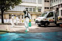 Des hommes en combinaison pulvérisent sur le bitume un produit de dépollution dans la cour de l'école Saint-Benoît près de Notre-Dame, le 6 août 2019 à Paris