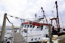 Photographie du 29 octobre 2021 d'un chalutier britannique dérouté au Havre par les autorités françaises, dont le capitaine est suspecté d'avoir pêché plus de deux tonnes de coquilles Saint-Jacques sa